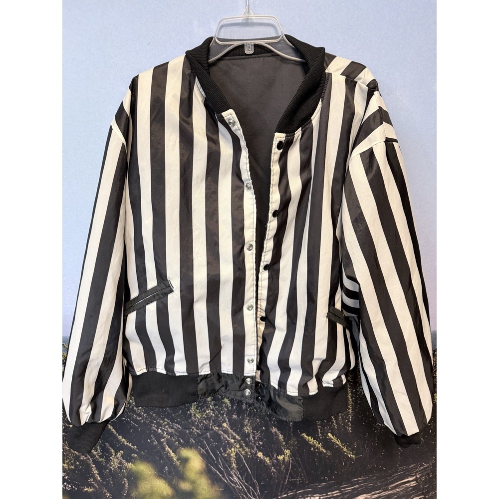 VTG Butwin Referee Jacket Reversible Nylon Bomber Black White Striped  3XL USA